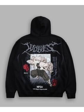 NFGU Black Anime Graphic Hoodie with Demon Slayer Design